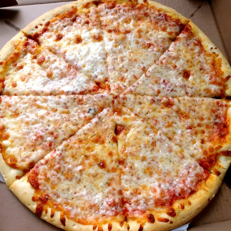 A whole cheese pizza from Pizza Brothers, cut into eight slices, in a cardboard box.